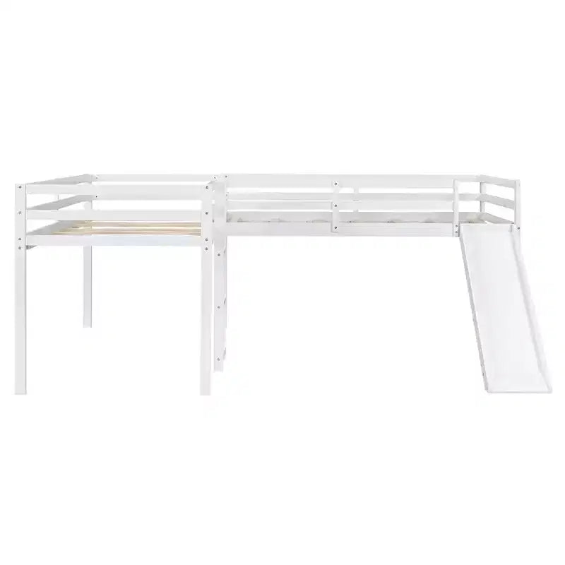 Cama alta doble en forma de L de madera de 118,2 x 77,8 pulgadas con escalera y tobogán