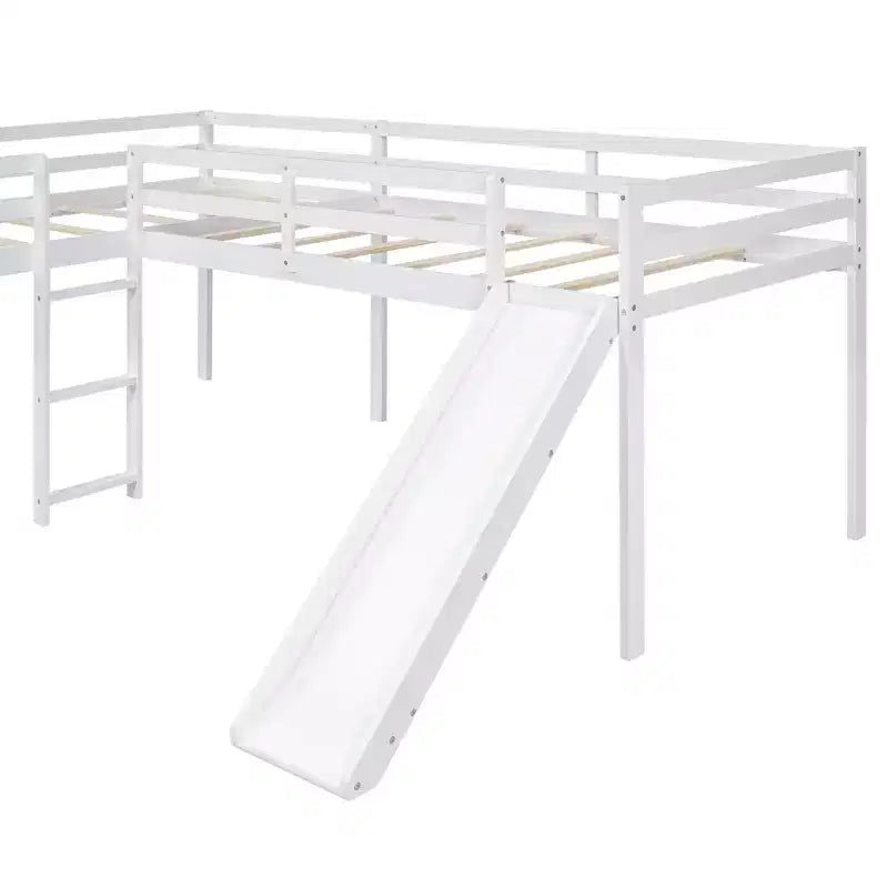 Cama alta doble en forma de L de madera de 118,2 x 77,8 pulgadas con escalera y tobogán