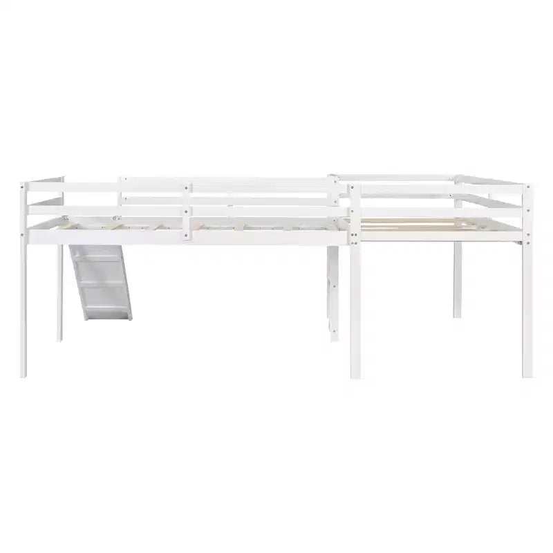 Cama alta doble en forma de L de madera de 118,2 x 77,8 pulgadas con escalera y tobogán