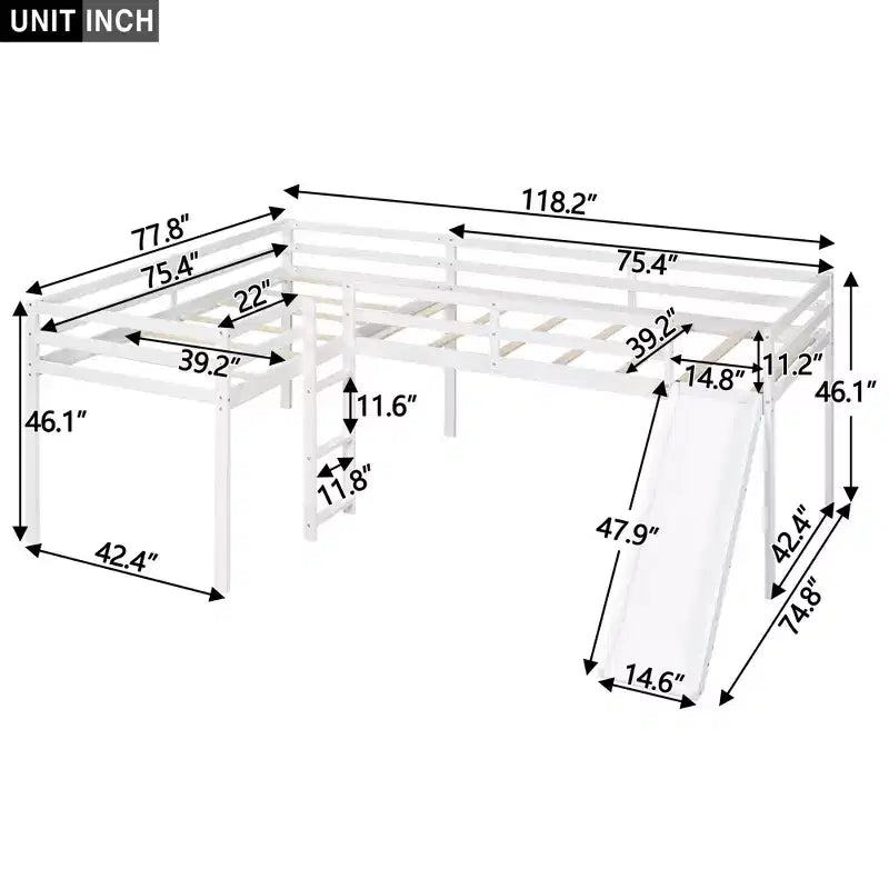Cama alta doble en forma de L de madera de 118,2 x 77,8 pulgadas con escalera y tobogán