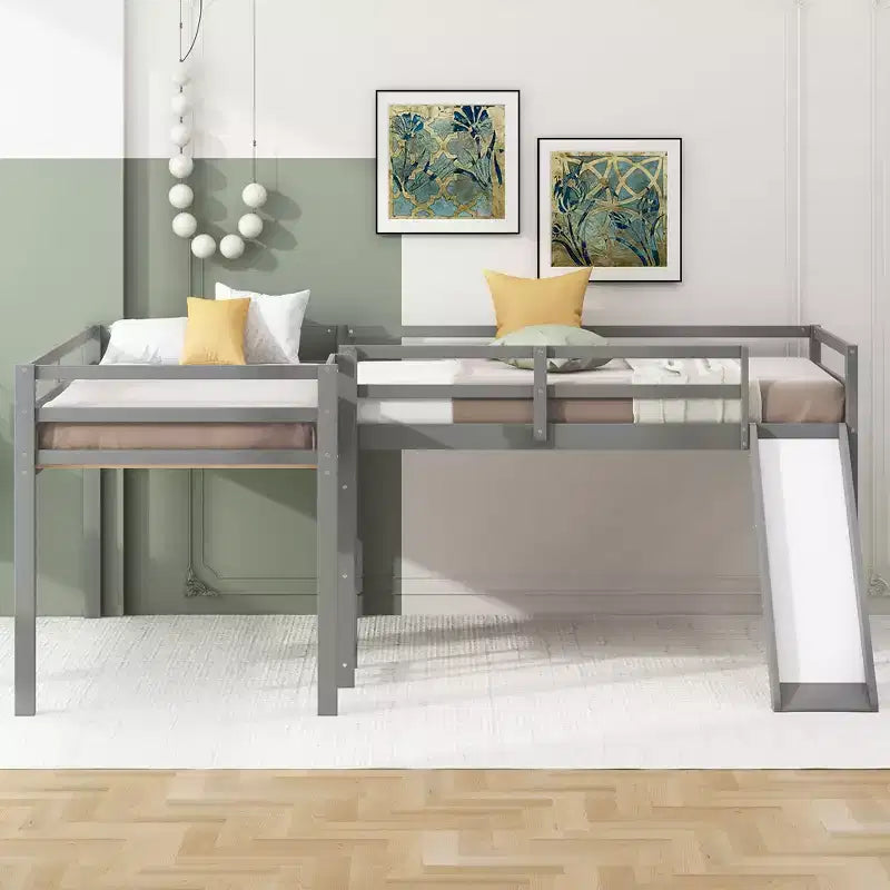 Cama alta doble en forma de L de madera de 118,2 x 77,8 pulgadas con escalera y tobogán