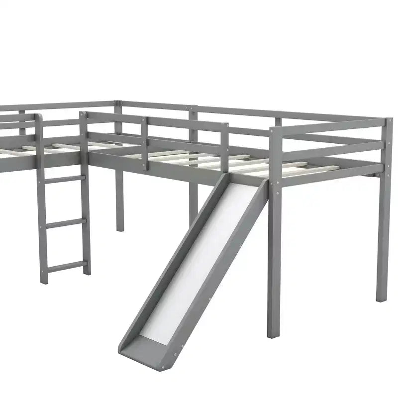 Cama alta doble en forma de L de madera de 118,2 x 77,8 pulgadas con escalera y tobogán