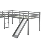Cama alta doble en forma de L de madera de 118,2 x 77,8 pulgadas con escalera y tobogán