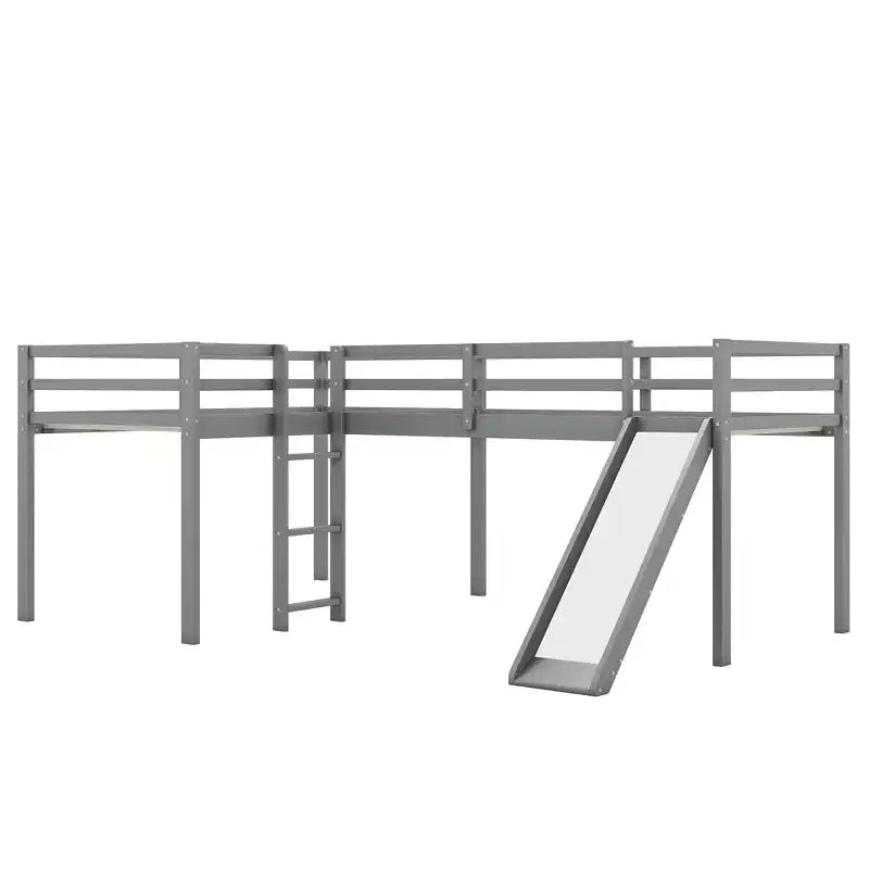 Cama alta doble en forma de L de madera de 118,2 x 77,8 pulgadas con escalera y tobogán