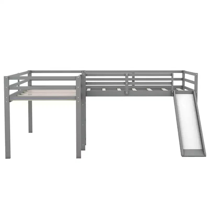Cama alta doble en forma de L de madera de 118,2 x 77,8 pulgadas con escalera y tobogán