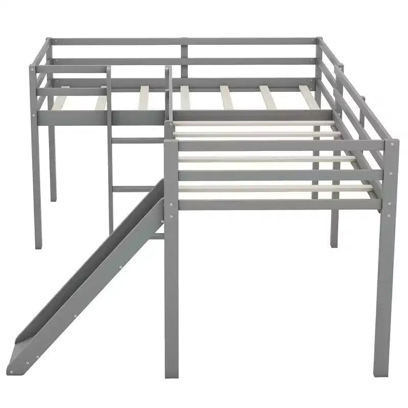 Cama alta doble en forma de L de madera de 118,2 x 77,8 pulgadas con escalera y tobogán