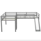 Cama alta doble en forma de L de madera de 118,2 x 77,8 pulgadas con escalera y tobogán