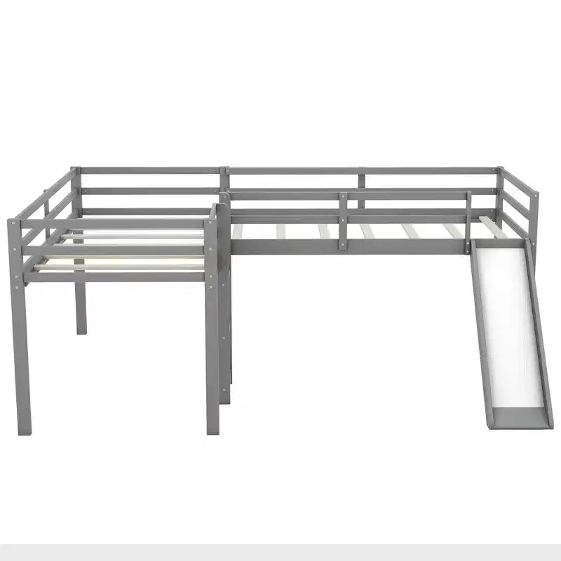 Cama alta doble en forma de L de madera de 118,2 x 77,8 pulgadas con escalera y tobogán