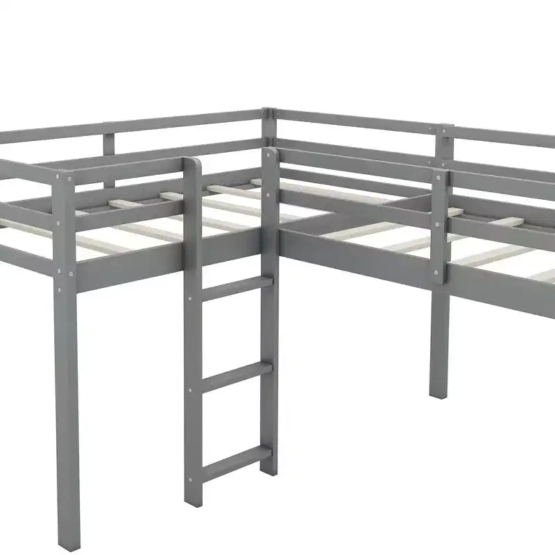 Cama alta doble en forma de L de madera de 118,2 x 77,8 pulgadas con escalera y tobogán