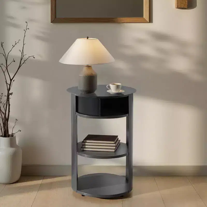 Mesa auxiliar redonda moderna de 3 niveles con armario de puerta corredera, mesa auxiliar con acento de metal mate para sala de estar, dormitorio o espacios pequeños