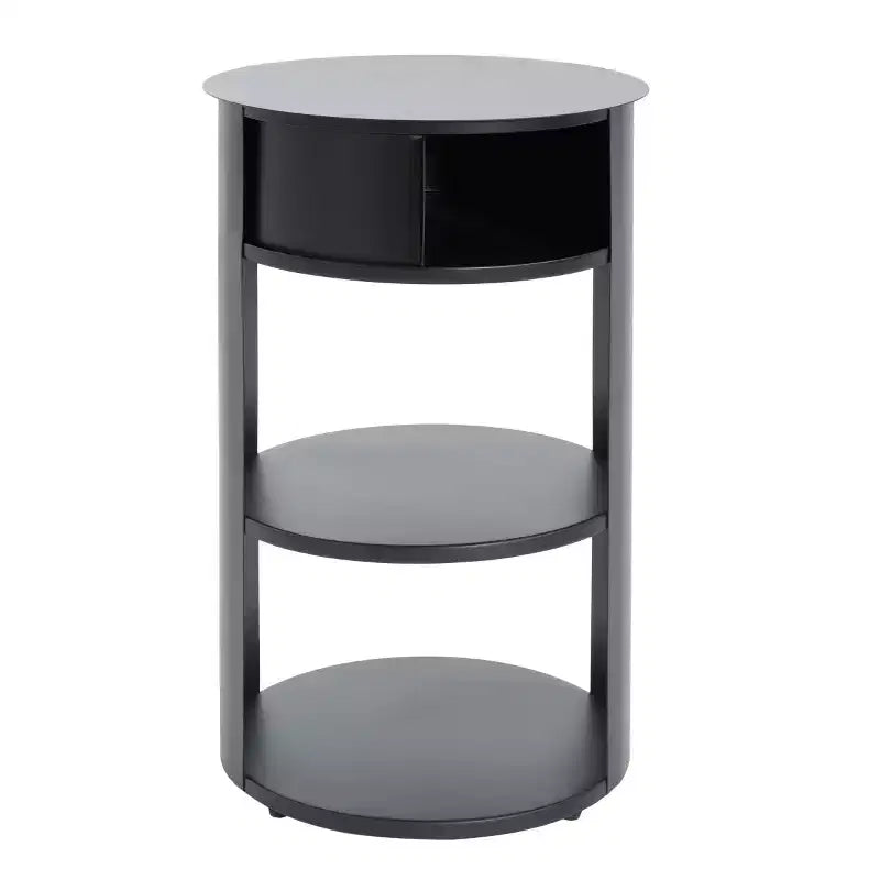 Mesa auxiliar redonda moderna de 3 niveles con armario de puerta corredera, mesa auxiliar con acento de metal mate para sala de estar, dormitorio o espacios pequeños