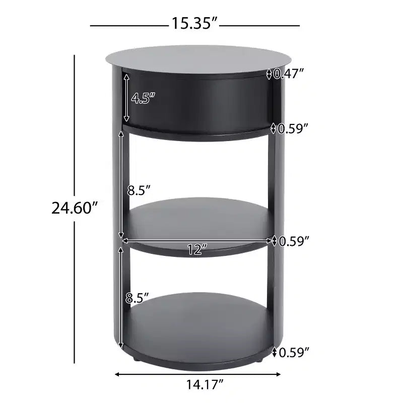 Mesa auxiliar redonda moderna de 3 niveles con armario de puerta corredera, mesa auxiliar con acento de metal mate para sala de estar, dormitorio o espacios pequeños