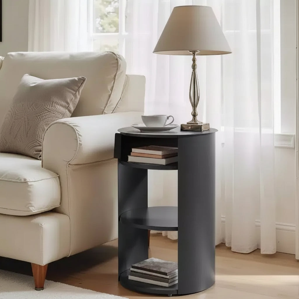Modern 3-Tier Round End Table with Sliding Door Cabinet, Matte Metal Accent Side Table for Living Room, Bedroom, or Small Spaces-Panipeachy