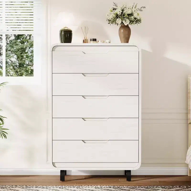Cómoda de 5 cajones para dormitorio, cómoda moderna de 48 pulgadas de alto con cajones de almacenamiento grandes de madera, organizador de ropa de madera para sala de estar