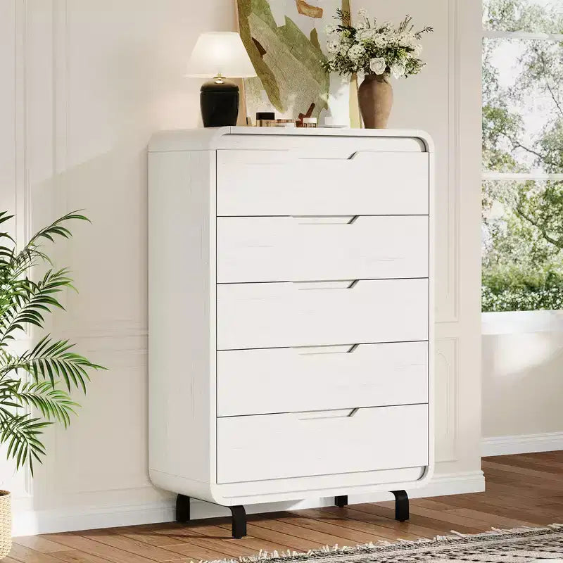 Cómoda de 5 cajones para dormitorio, cómoda moderna de 48 pulgadas de alto con cajones de almacenamiento grandes de madera, organizador de ropa de madera para sala de estar