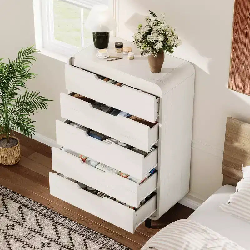 Cómoda de 5 cajones para dormitorio, cómoda moderna de 48 pulgadas de alto con cajones de almacenamiento grandes de madera, organizador de ropa de madera para sala de estar