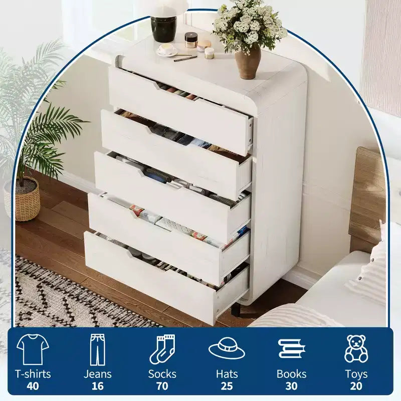 Cómoda de 5 cajones para dormitorio, cómoda moderna de 48 pulgadas de alto con cajones de almacenamiento grandes de madera, organizador de ropa de madera para sala de estar