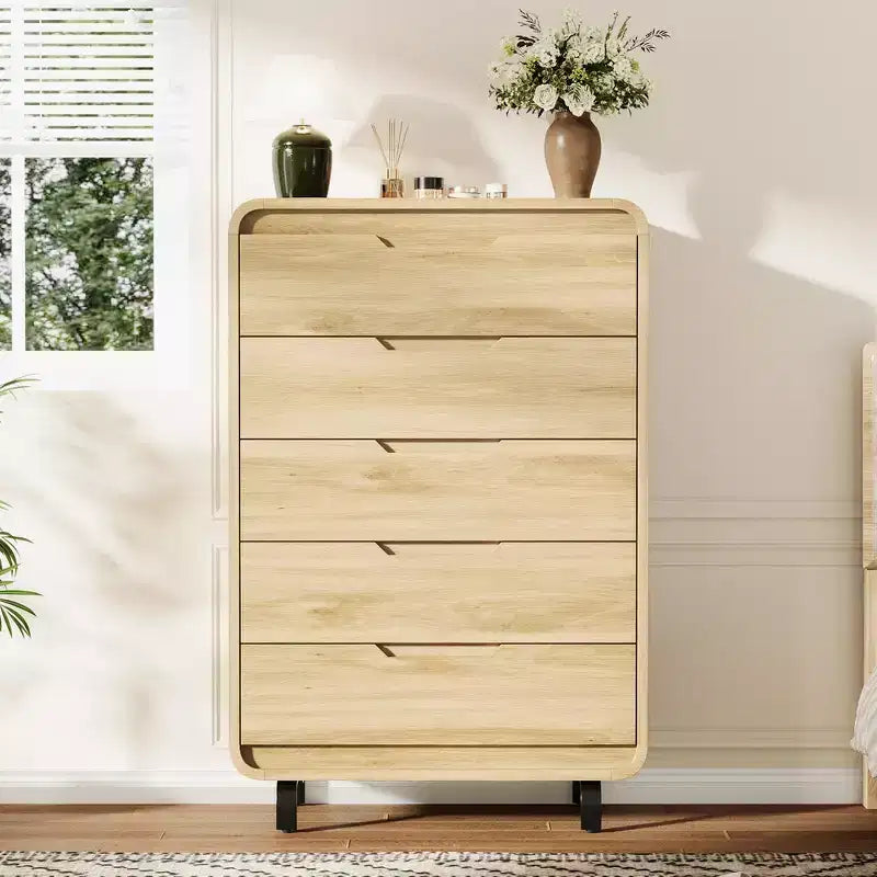 Cómoda de 5 cajones para dormitorio, cómoda moderna de 48 pulgadas de alto con cajones de almacenamiento grandes de madera, organizador de ropa de madera para sala de estar