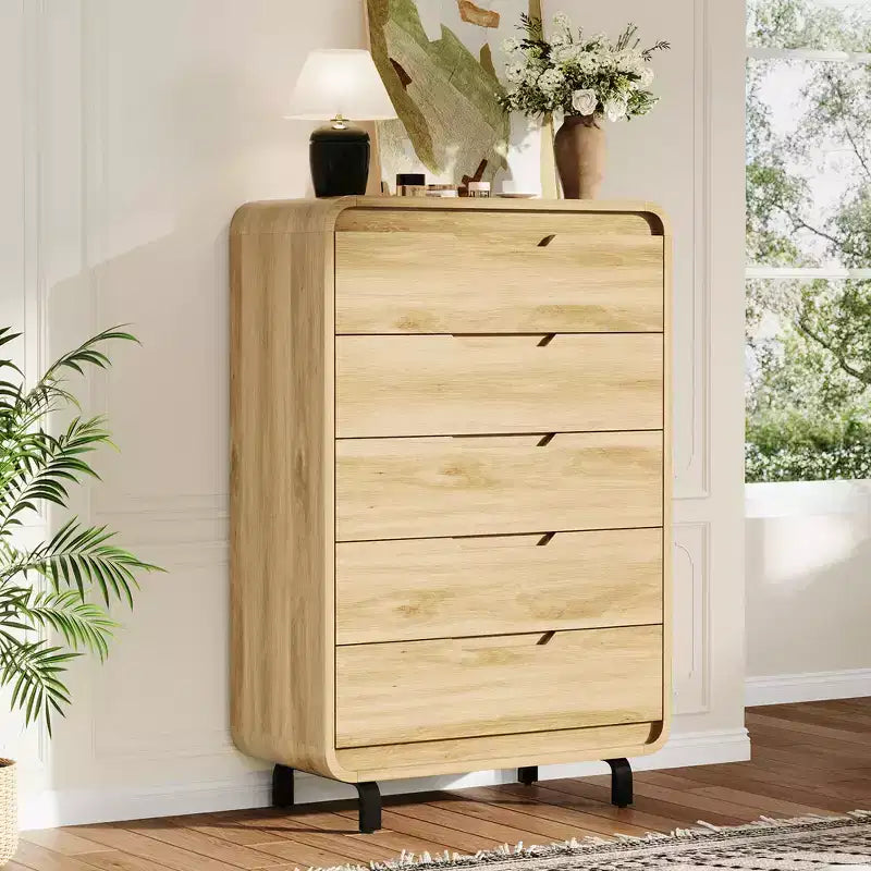 Cómoda de 5 cajones para dormitorio, cómoda moderna de 48 pulgadas de alto con cajones de almacenamiento grandes de madera, organizador de ropa de madera para sala de estar