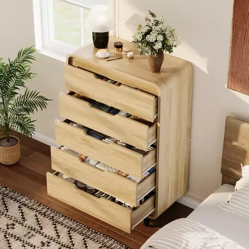 Cómoda de 5 cajones para dormitorio, cómoda moderna de 48 pulgadas de alto con cajones de almacenamiento grandes de madera, organizador de ropa de madera para sala de estar
