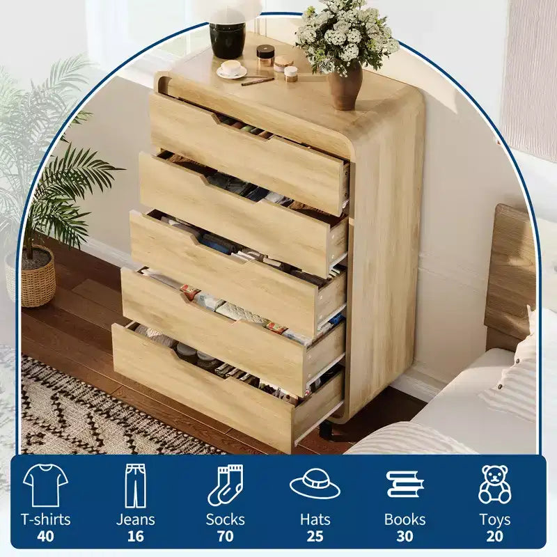Cómoda de 5 cajones para dormitorio, cómoda moderna de 48 pulgadas de alto con cajones de almacenamiento grandes de madera, organizador de ropa de madera para sala de estar
