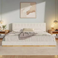 King Size Minimalist Chenille Upholstered Bed Frame, Rubber Solid Wood Legs, White - ModernLuxe