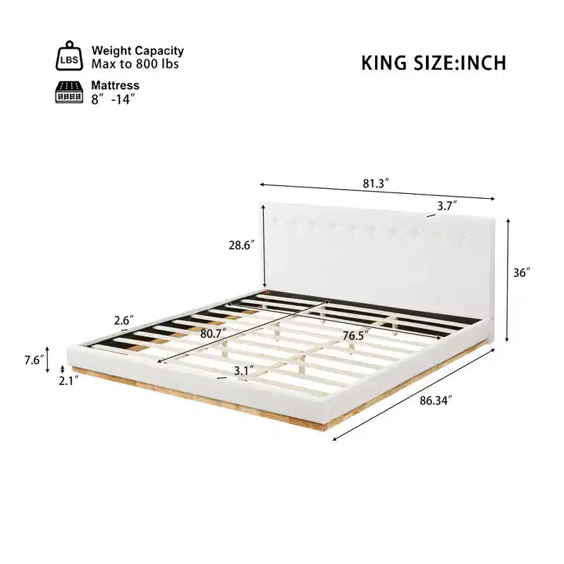Estructura de cama King Size tapizada en chenilla minimalista, patas de madera maciza de caucho, blanca