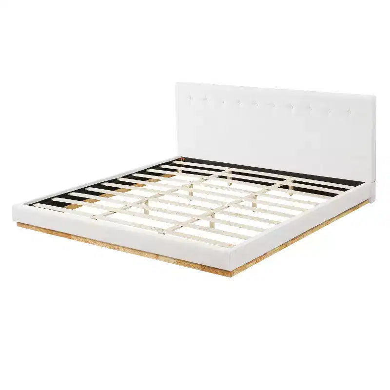Estructura de cama King Size tapizada en chenilla minimalista, patas de madera maciza de caucho, blanca