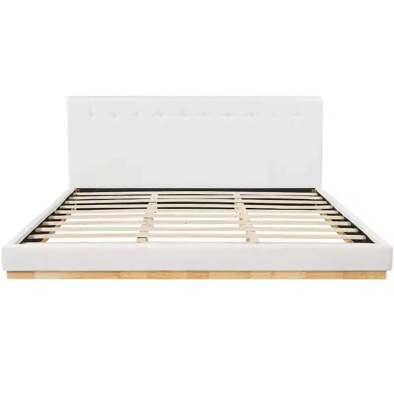 Estructura de cama King Size tapizada en chenilla minimalista, patas de madera maciza de caucho, blanca