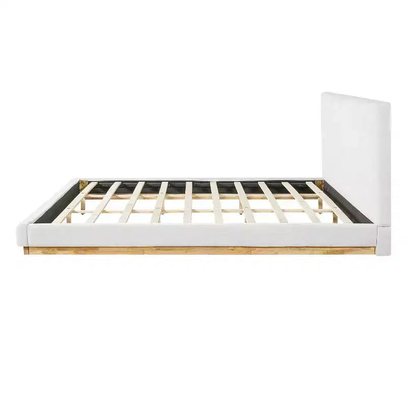 Estructura de cama King Size tapizada en chenilla minimalista, patas de madera maciza de caucho, blanca