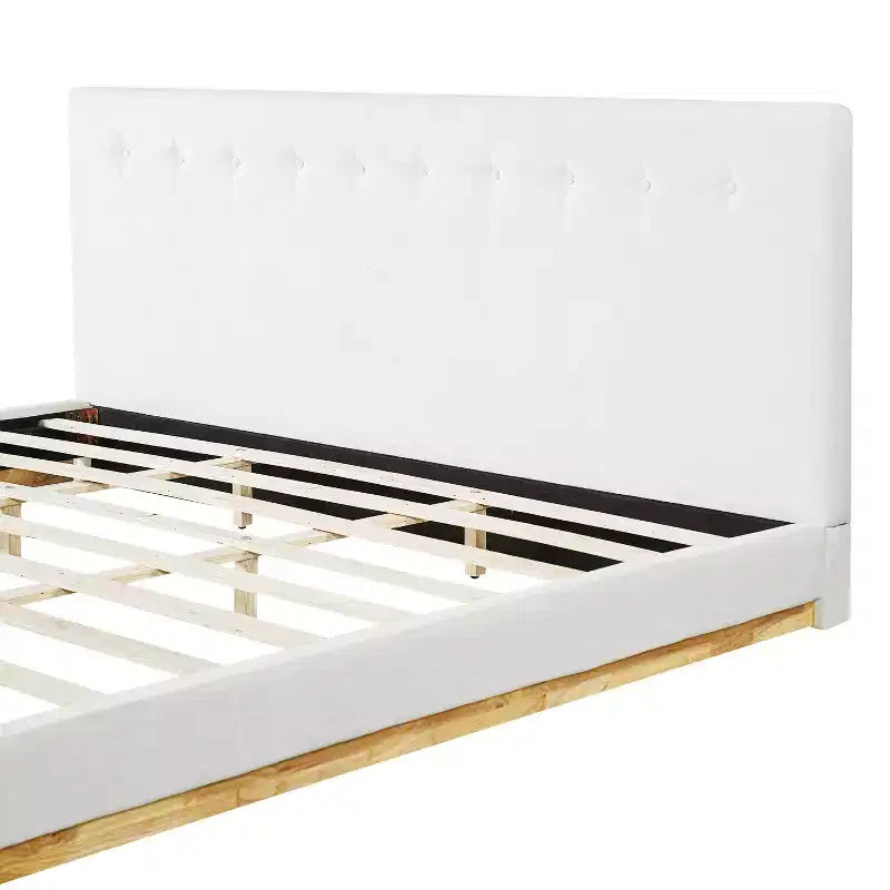 Estructura de cama King Size tapizada en chenilla minimalista, patas de madera maciza de caucho, blanca