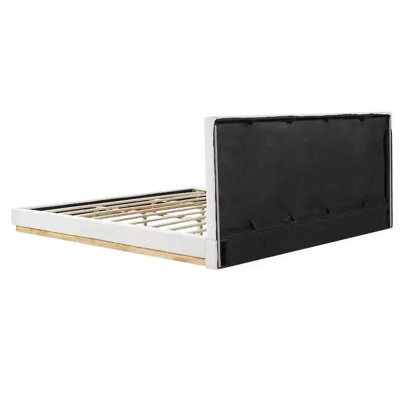 Estructura de cama King Size tapizada en chenilla minimalista, patas de madera maciza de caucho, blanca