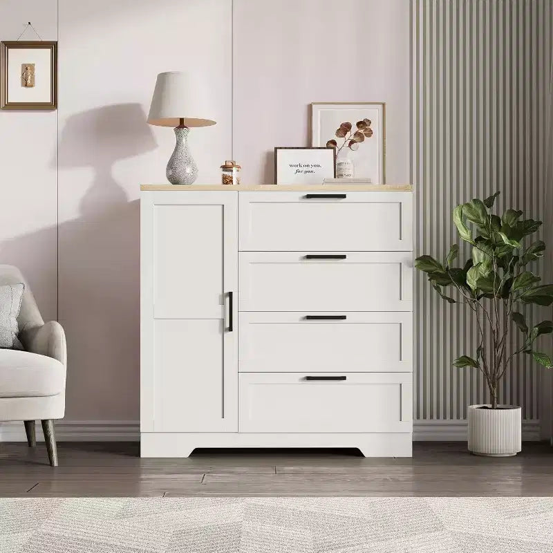 Armario ropero de 43.3'' de alto con barra para colgar, cómoda de madera multifuncional con 4 cajones y armario de almacenamiento, gabinetes de almacenamiento de ropa para dormitorio