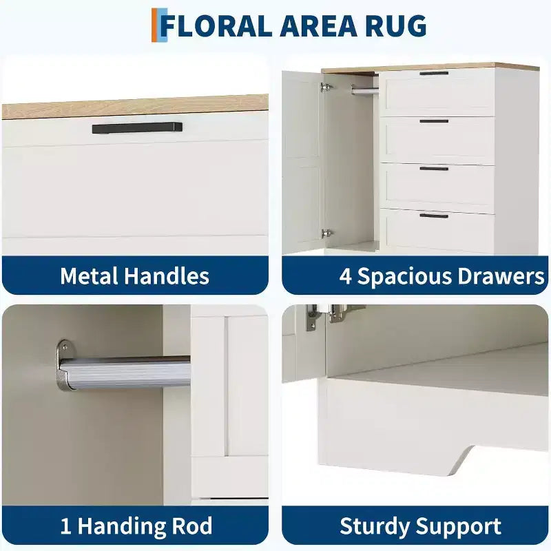 Armario ropero de 43.3'' de alto con barra para colgar, cómoda de madera multifuncional con 4 cajones y armario de almacenamiento, gabinetes de almacenamiento de ropa para dormitorio
