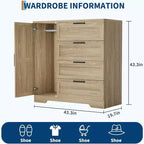 Armario ropero de 43.3'' de alto con barra para colgar, cómoda de madera multifuncional con 4 cajones y armario de almacenamiento, gabinetes de almacenamiento de ropa para dormitorio