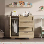 Armario ropero de 43.3'' de alto con barra para colgar, cómoda de madera multifuncional con 4 cajones y armario de almacenamiento, gabinetes de almacenamiento de ropa para dormitorio