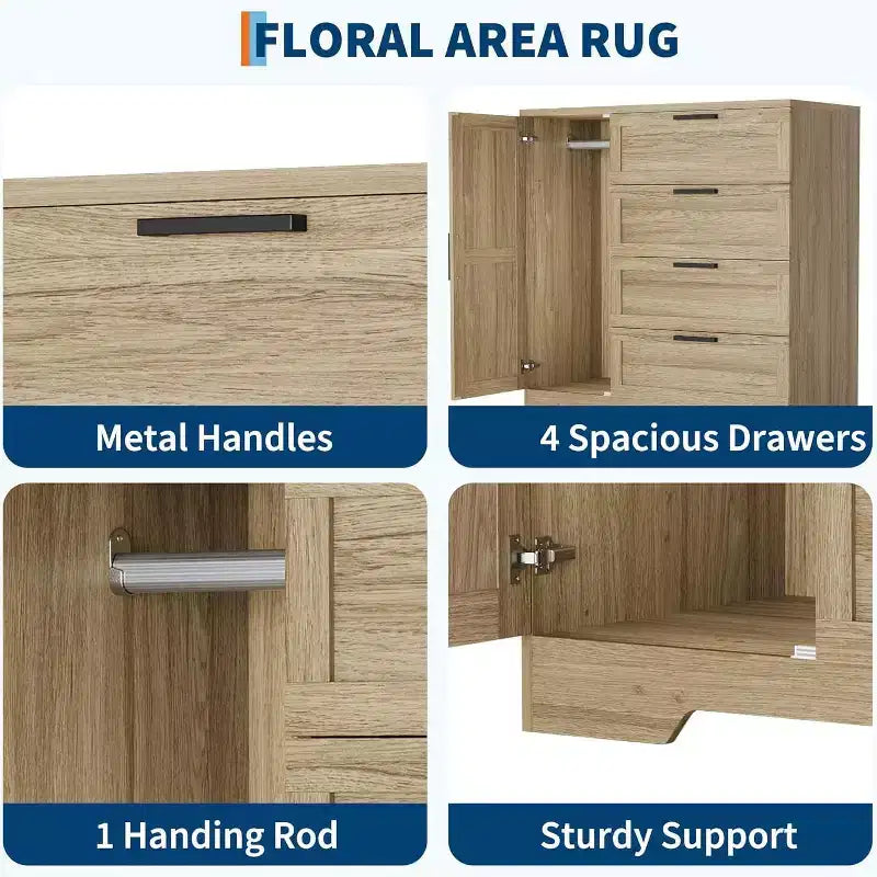 Armario ropero de 43.3'' de alto con barra para colgar, cómoda de madera multifuncional con 4 cajones y armario de almacenamiento, gabinetes de almacenamiento de ropa para dormitorio