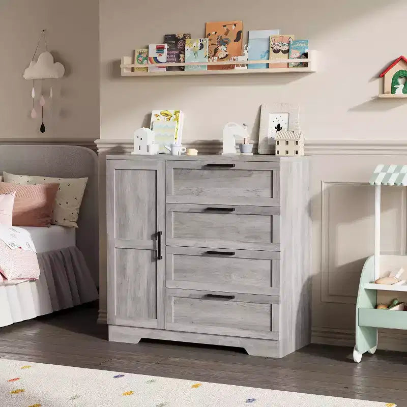 Armario ropero de 43.3'' de alto con barra para colgar, cómoda de madera multifuncional con 4 cajones y armario de almacenamiento, gabinetes de almacenamiento de ropa para dormitorio