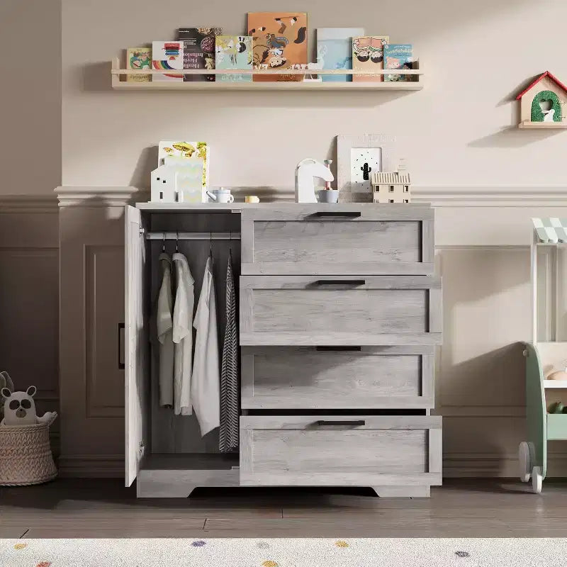 Armario ropero de 43.3'' de alto con barra para colgar, cómoda de madera multifuncional con 4 cajones y armario de almacenamiento, gabinetes de almacenamiento de ropa para dormitorio