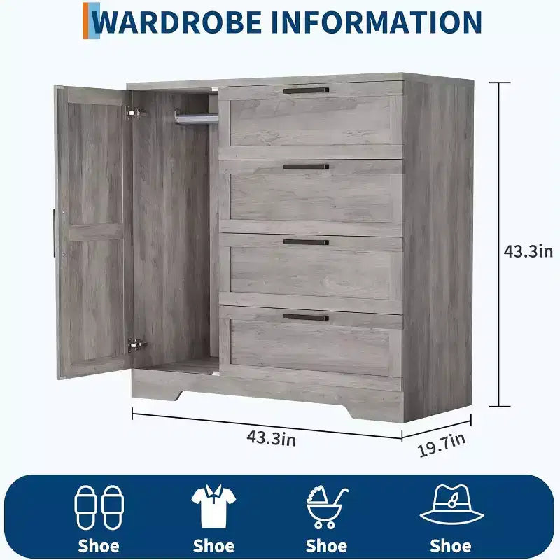 Armario ropero de 43.3'' de alto con barra para colgar, cómoda de madera multifuncional con 4 cajones y armario de almacenamiento, gabinetes de almacenamiento de ropa para dormitorio