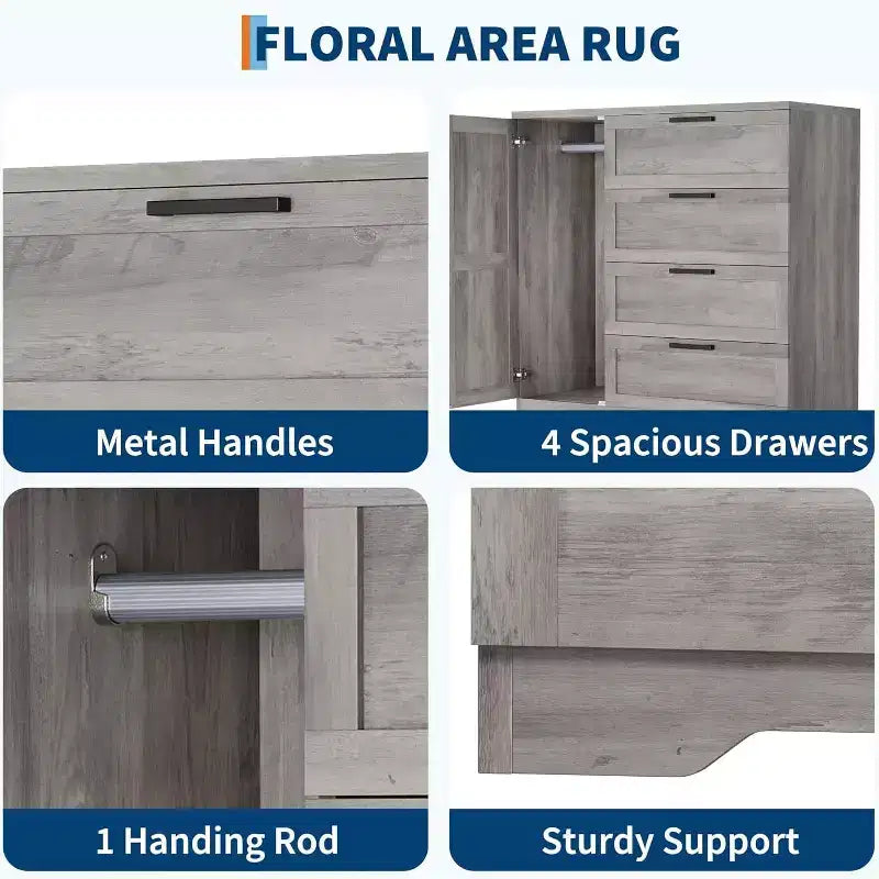 Armario ropero de 43.3'' de alto con barra para colgar, cómoda de madera multifuncional con 4 cajones y armario de almacenamiento, gabinetes de almacenamiento de ropa para dormitorio