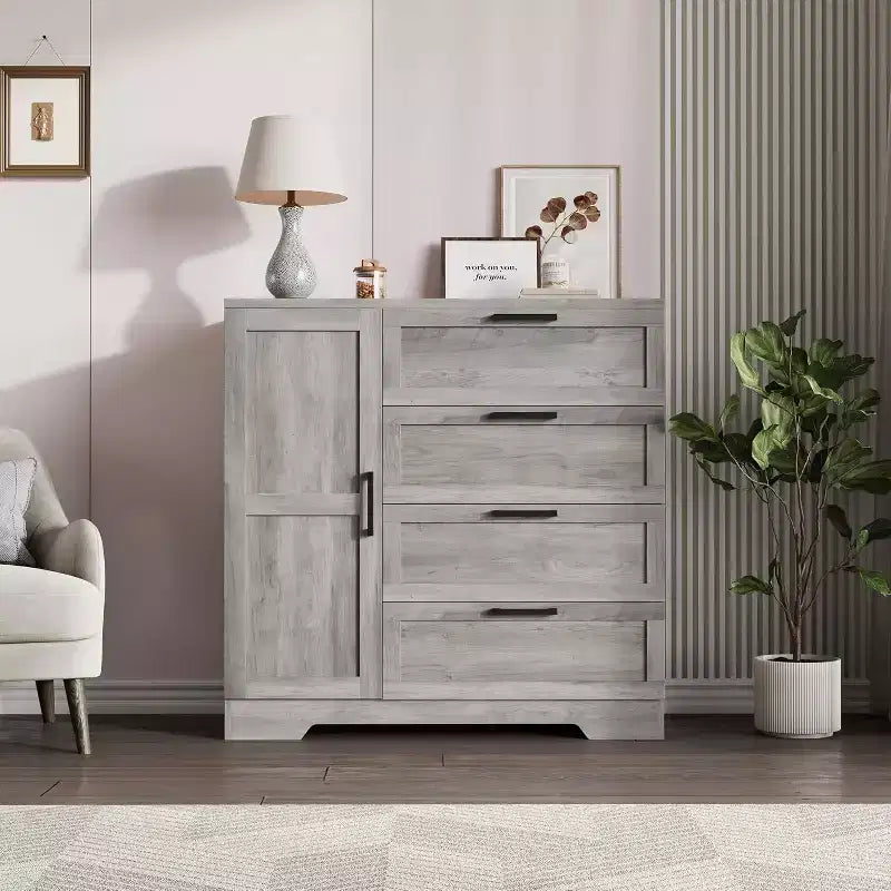Armario ropero de 43.3'' de alto con barra para colgar, cómoda de madera multifuncional con 4 cajones y armario de almacenamiento, gabinetes de almacenamiento de ropa para dormitorio