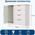 Armario ropero de 43.3'' de alto con barra para colgar, cómoda de madera multifuncional con 4 cajones y armario de almacenamiento, gabinetes de almacenamiento de ropa para dormitorio