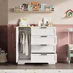 Armario ropero de 43.3'' de alto con barra para colgar, cómoda de madera multifuncional con 4 cajones y armario de almacenamiento, gabinetes de almacenamiento de ropa para dormitorio