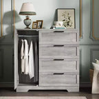 43.3'' H Armoire Wardrobe Closet with Hanging Rod, Multifunctional Wood 4 Drawers Dresser with Storage Closet, Clothing Storage Cabinets for Bedroom