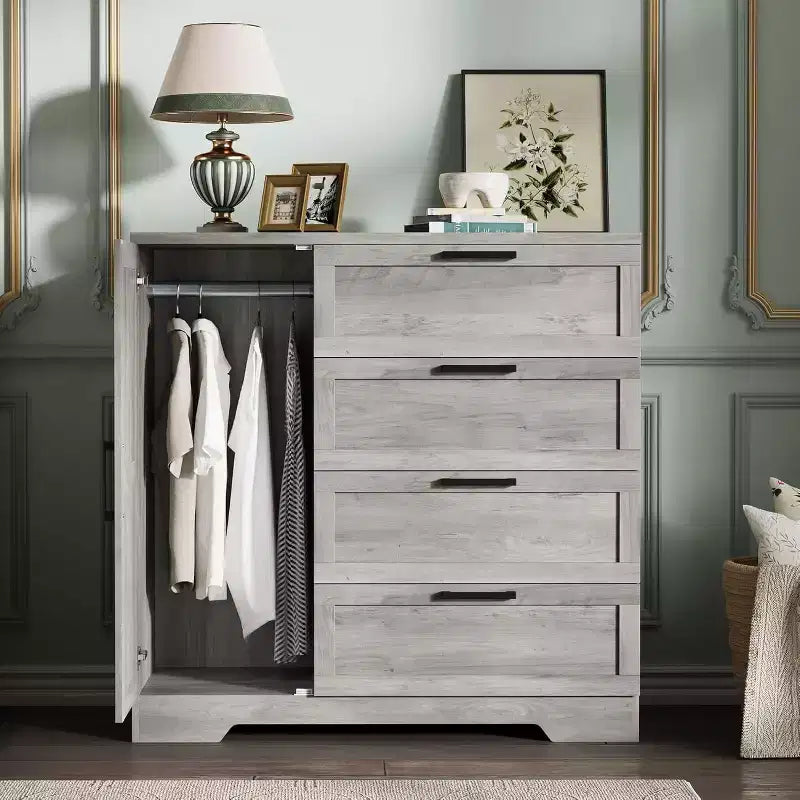 43.3'' H Armoire Wardrobe Closet with Hanging Rod, Multifunctional Wood 4 Drawers Dresser with Storage Closet, Clothing Storage Cabinets for Bedroom