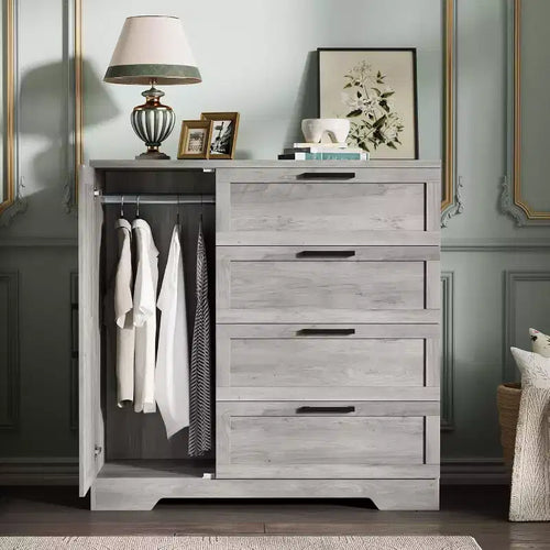 43.3'' H Armoire Wardrobe Closet with Hanging Rod, Multifunctional Wood 4 Drawers Dresser with Storage Closet, Clothing Storage Cabinets for Bedroom