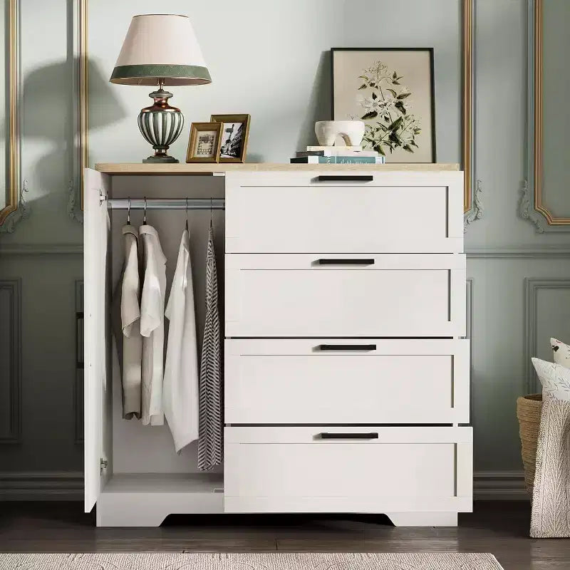 Armario ropero de 43.3'' de alto con barra para colgar, cómoda de madera multifuncional con 4 cajones y armario de almacenamiento, gabinetes de almacenamiento de ropa para dormitorio