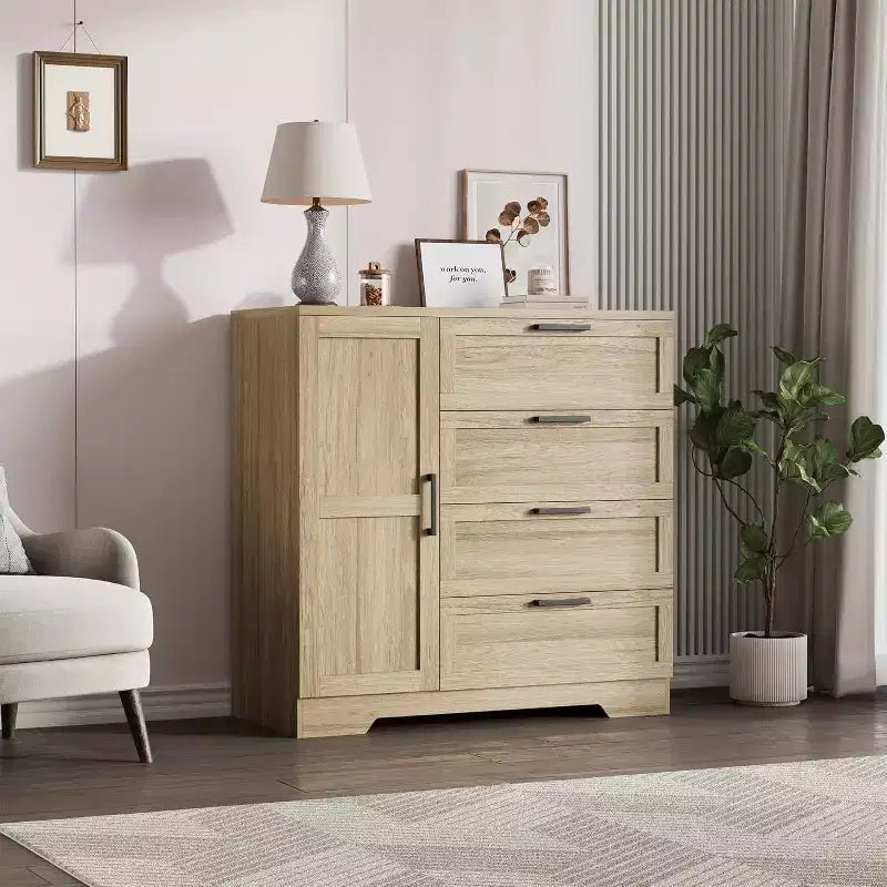 Armario ropero de 43.3'' de alto con barra para colgar, cómoda de madera multifuncional con 4 cajones y armario de almacenamiento, gabinetes de almacenamiento de ropa para dormitorio