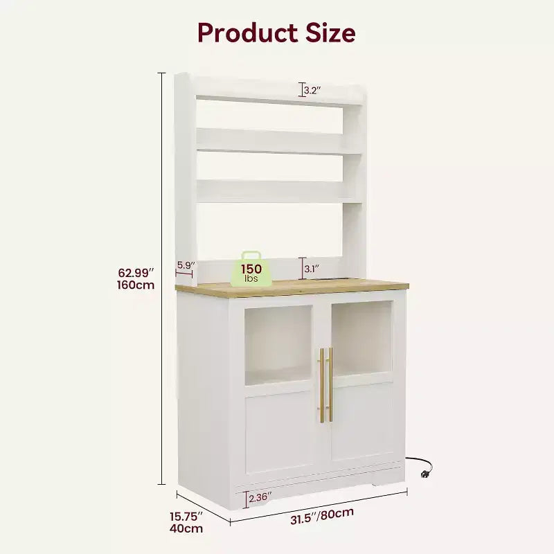 Alacena de Cocina con Enchufes y USB, Organizador de Despensa con Puerta de Vidrio